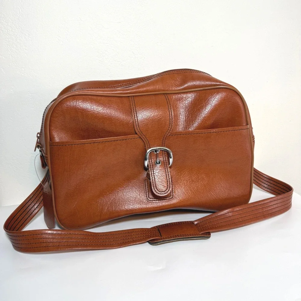 F.W. Woolworth Vintage Flight Bag Brown Faux Leather 70s Retro Carry On Academia